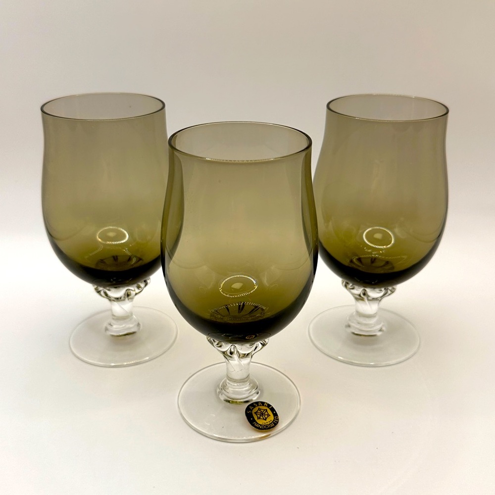 Sasaki Coronation Smoky Gray Footed Twisted Stem Juice Wine Glasses, set of 3